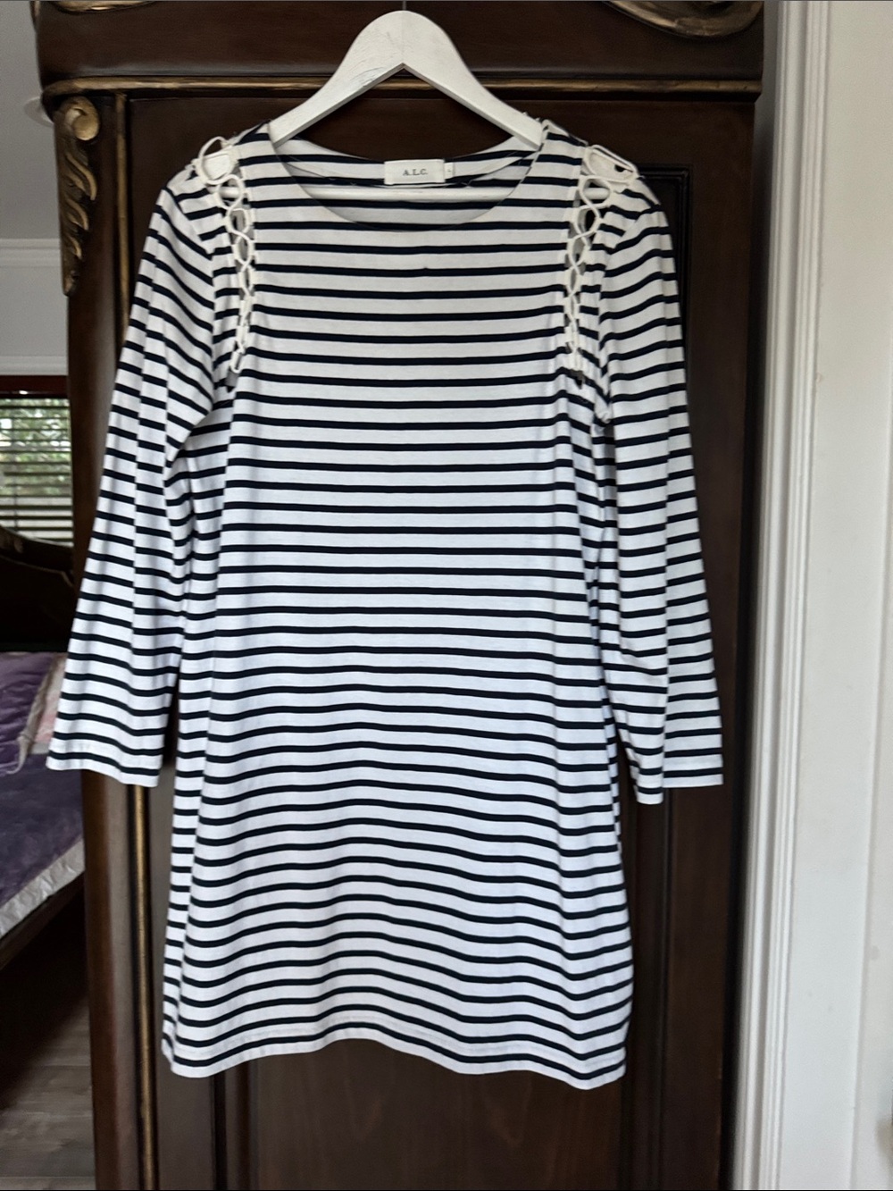 A.L.C. Black & White Striped Long-Sleeve Dress with Shoulder Lace-Up size l